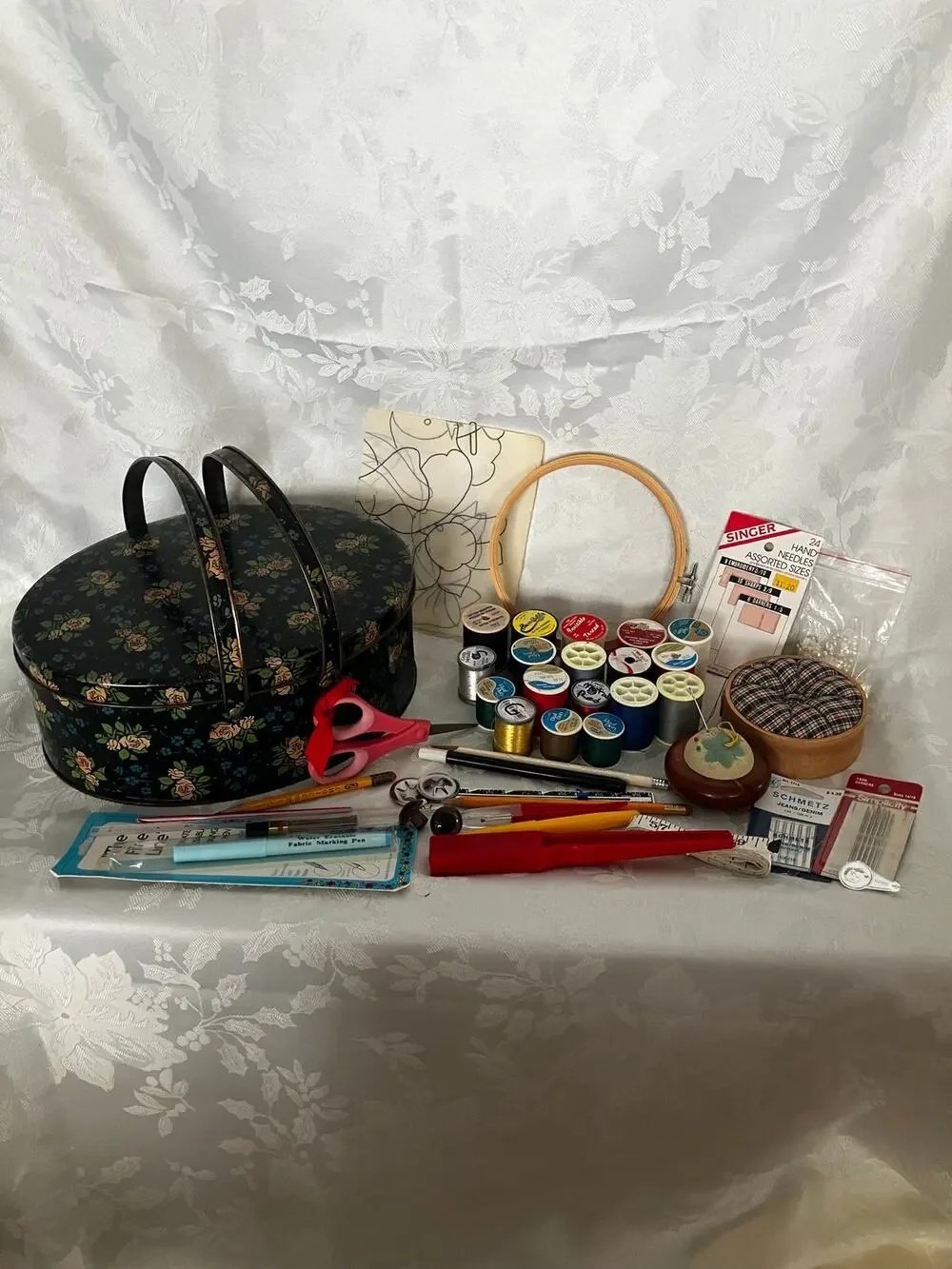 Vintage Sewing Kit Floral Tin Thread Needles Scissors Pin Cushions Craft Lot